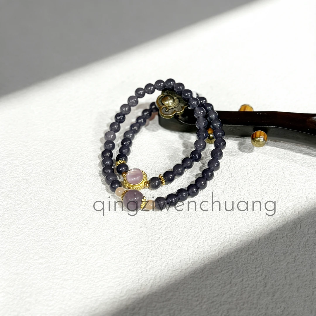 手链 DL 1331-灰色双圈手串带紫宝石金色配饰