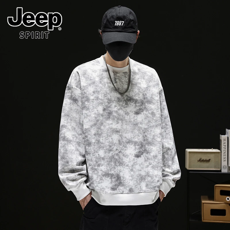 JEEPSPIRIT吉普男士圆领卫衣秋季新款美式潮牌ins扎染宽松打底衫