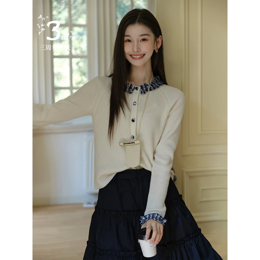 且可ChillCozy 林间信 法式温柔风 拼格子100羊毛针织衫