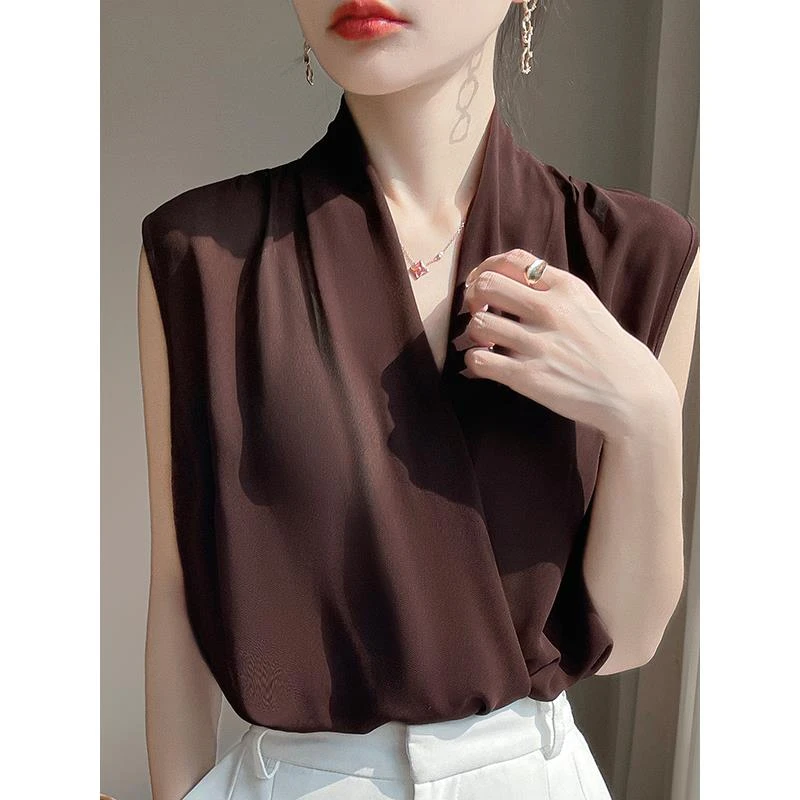 夏季无袖t恤V领吊带背心女西装内搭交叉白色衬衫