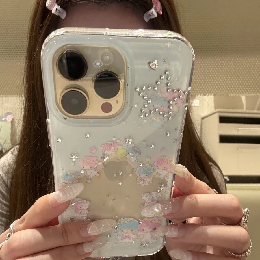 蓝底镂空闪粉星星双子星适用iPhone16Promax手机壳苹果15可爱1413