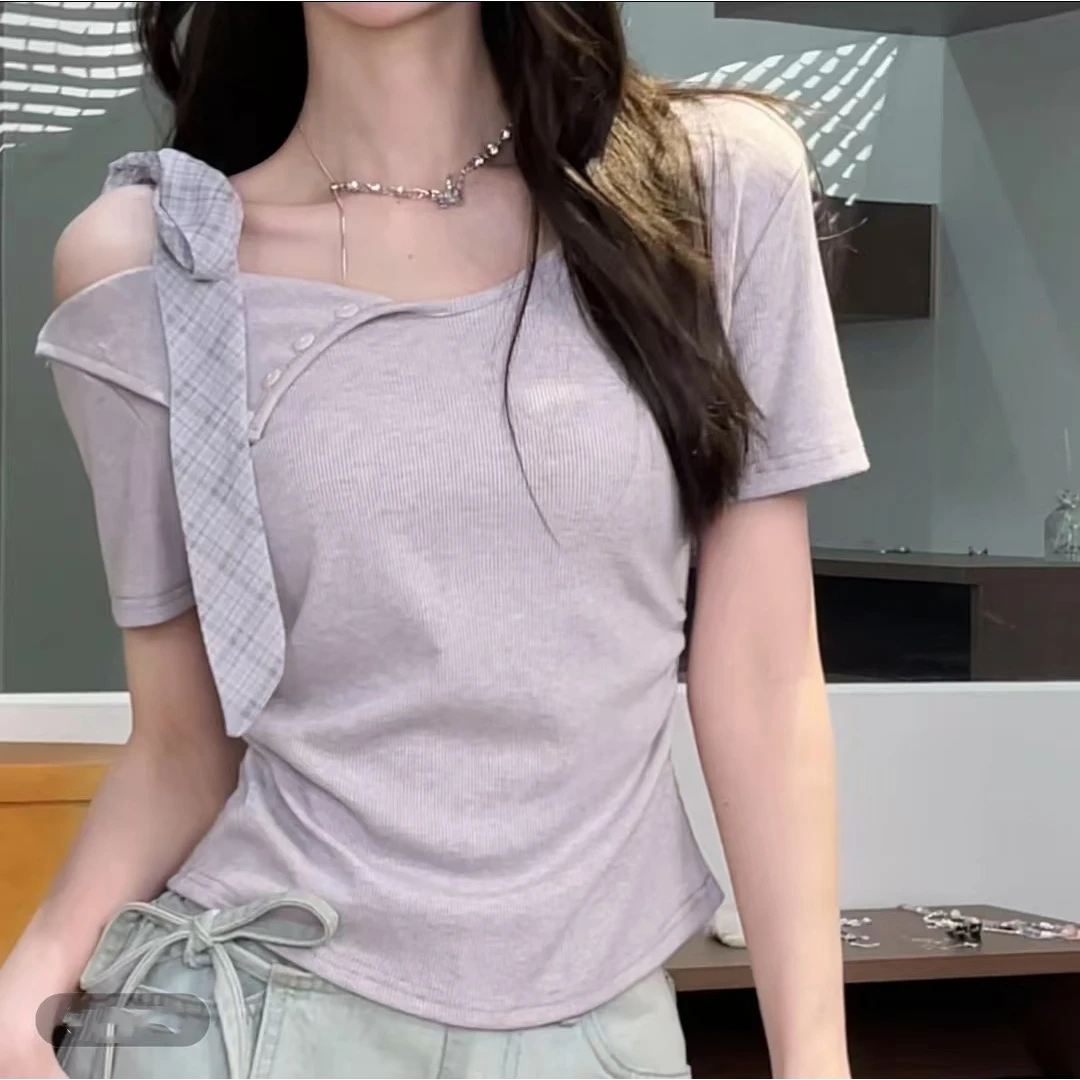 大码胖mm新款设计感欧若风不规则绑带蝴蝶T恤结纽扣修身短袖上衣