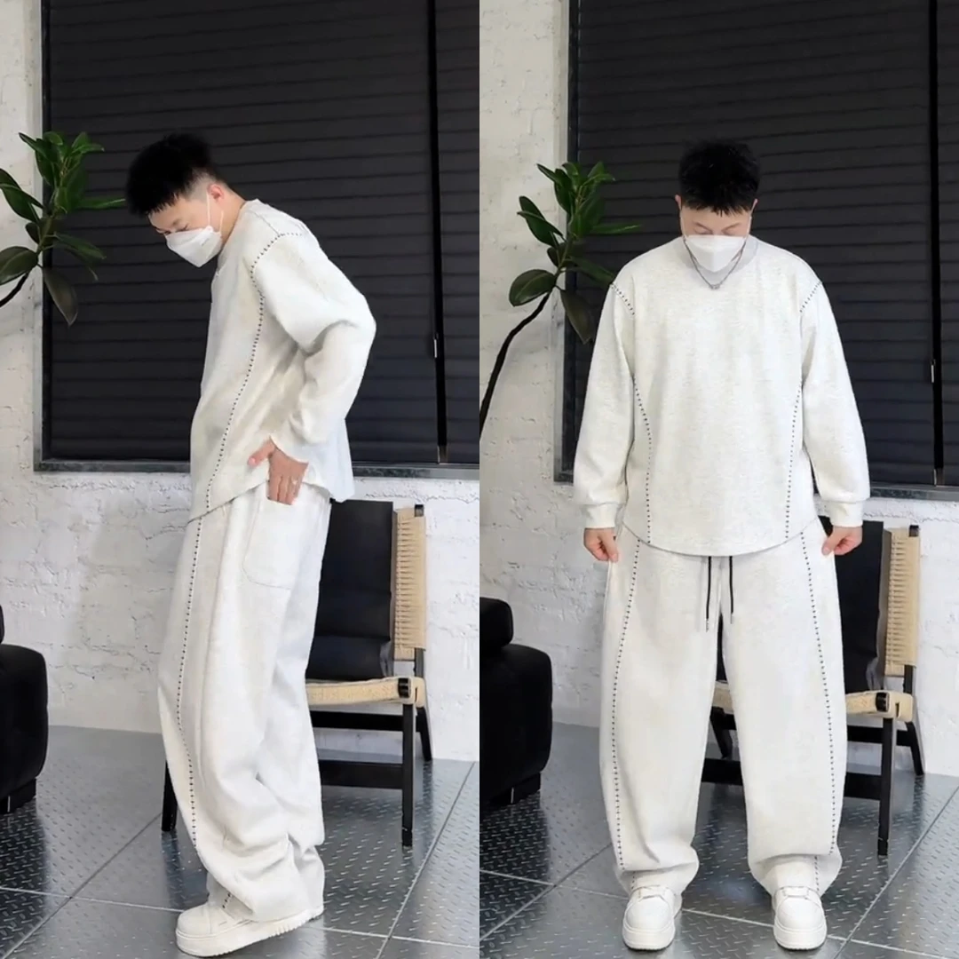 语乐2025秋季新款时尚圆领卫衣直筒裤套装慵懒风松弛感休闲套装男