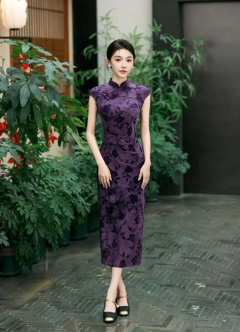 复古港风新中式长旗袍显瘦中国风日常低开衩旗袍蕾丝纯欲风国风