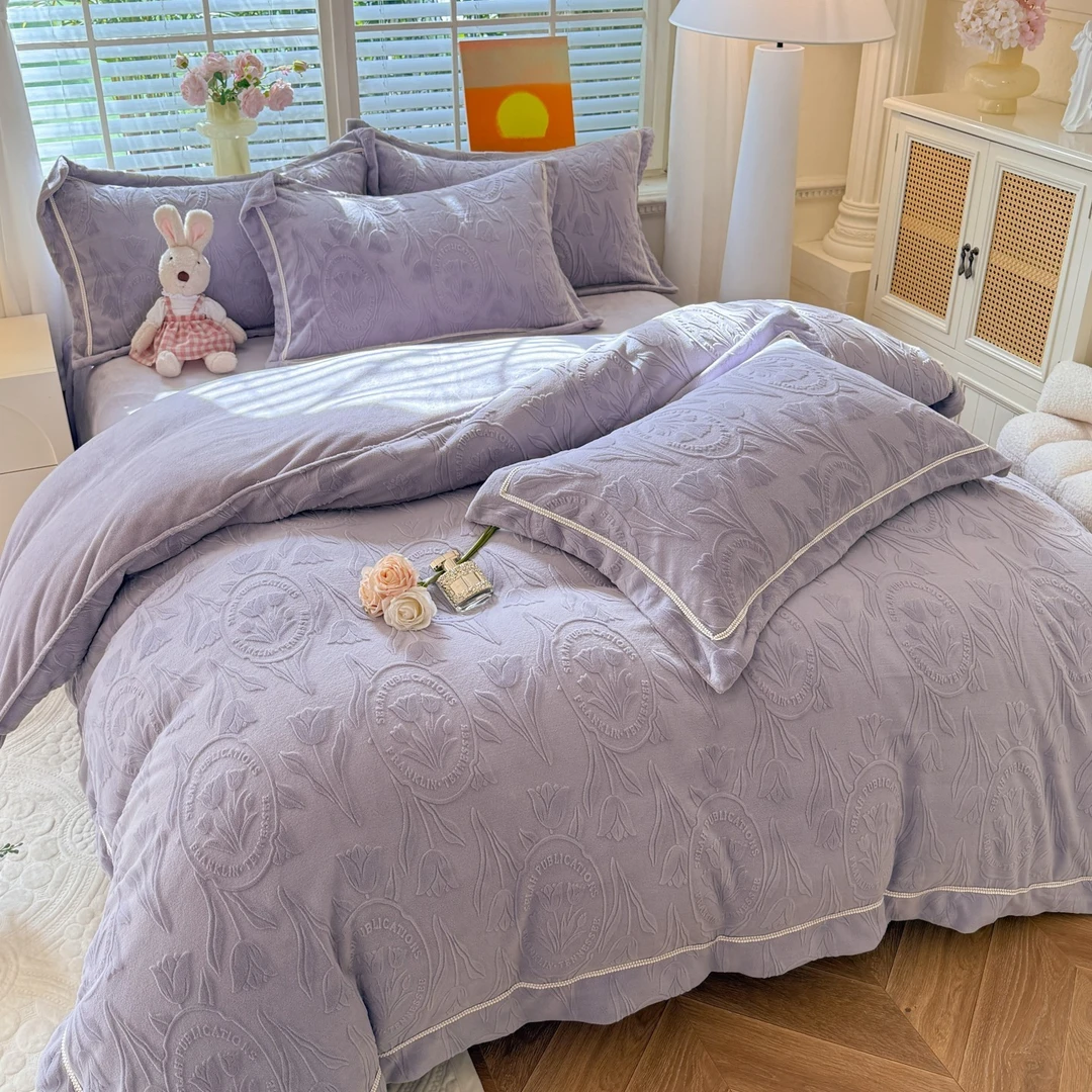 秋冬加厚A类雕花绒四件套高端双面绒被套床单牛奶绒婴儿绒床品4
