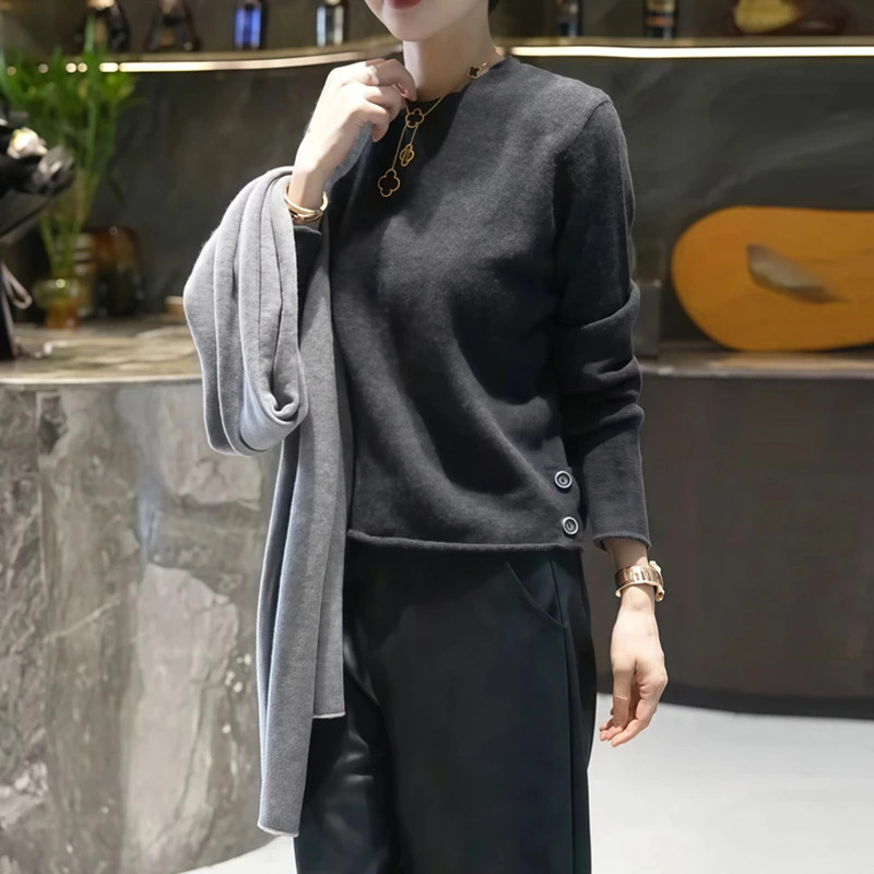 M762时尚简约灰色秋季新款宽松百搭保暖针织纱上衣打底衫秋冬内搭