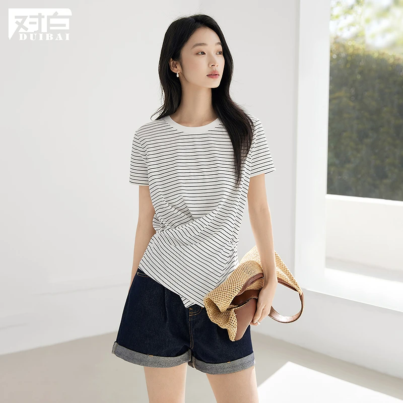 【黛一专属】D01对白复古条纹扭结T恤女收腰显瘦圆领短袖上衣FDT075