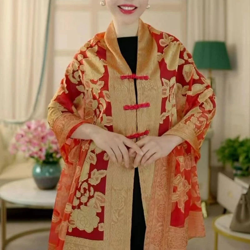 新中式百搭优雅190*70CM手工剪花提花盘扣披肩气质网红时尚红色