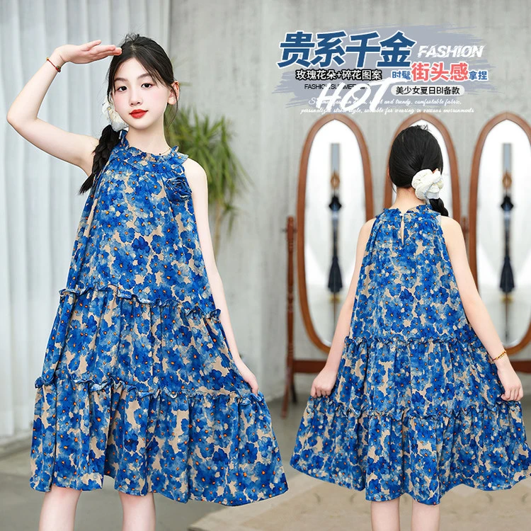 女童花布连衣裙夏日夏季女孩碎花女吊带时髦女童中国风长裙子垂感