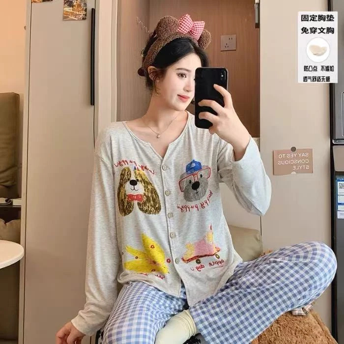 胸垫版睡衣女秋冬款莫代尔棉长袖长裤可外穿家居服套装（格子狗狗）