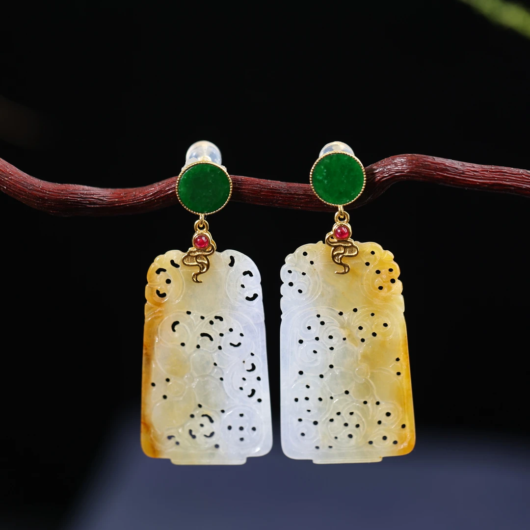 【夕岚】原创国风新中式定制珠宝18k金镶嵌翡翠耳饰