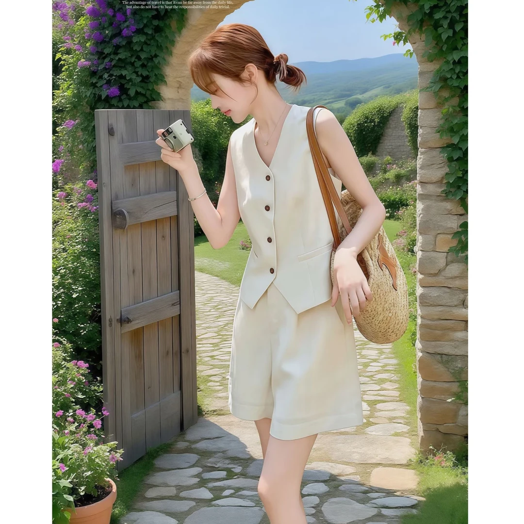 【ANQI】高级感老钱风亚麻马甲短裤两件套装女夏季大方得体穿搭套装