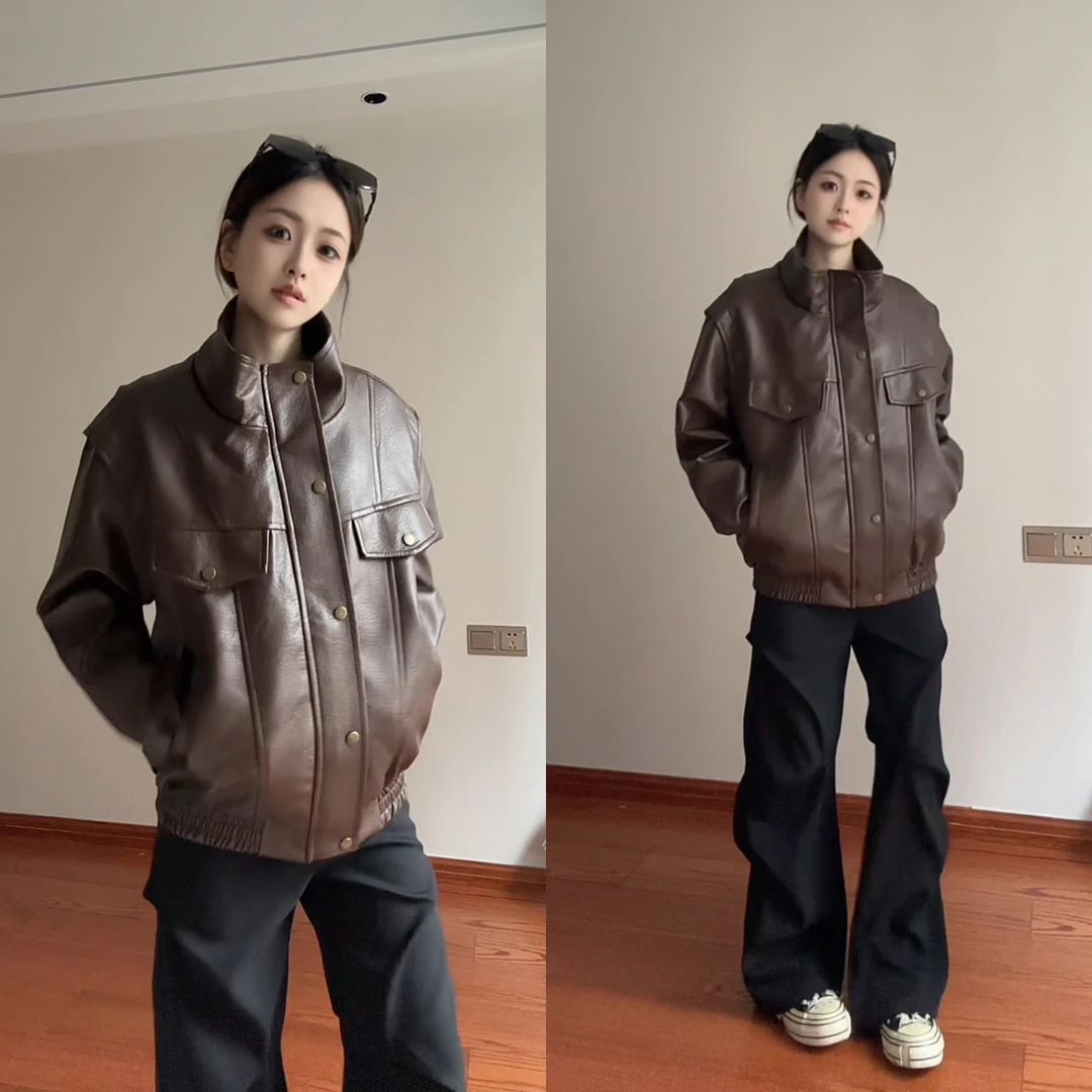 美式高级感立领pu皮夹克男款潮牌痞帅宽松休闲情侣机车风皮衣外套