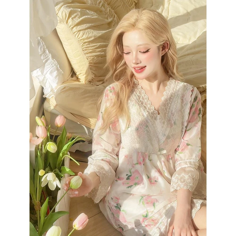 睡衣女夏季冰雪丝女士睡衣春秋季新款碎花薄款可外穿家居服套装