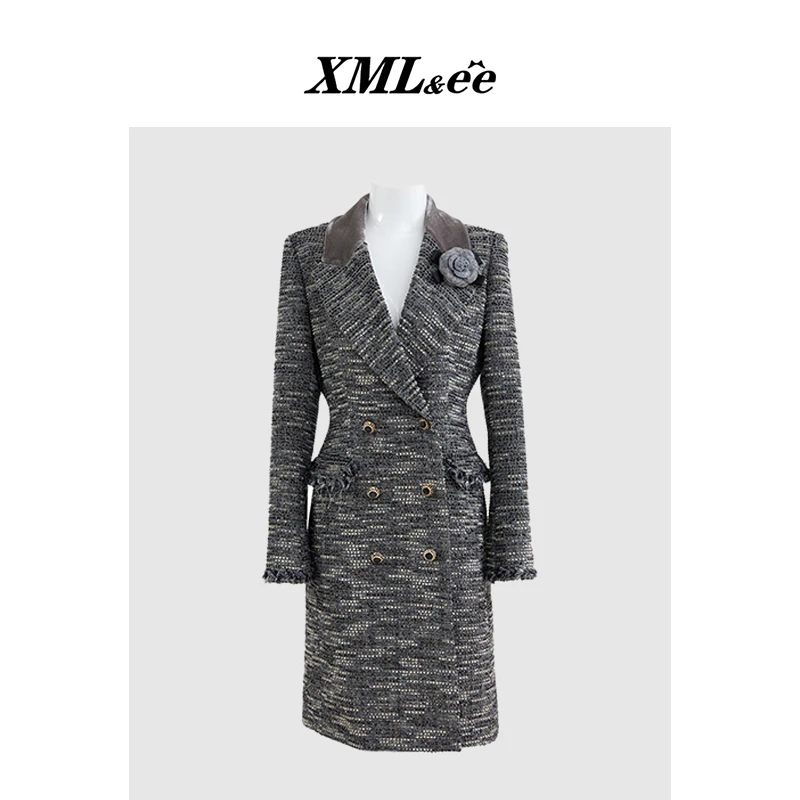 XMLee艾米尔 琥珀流光灰蓝色名媛小香风长款大衣外套 X434D5313