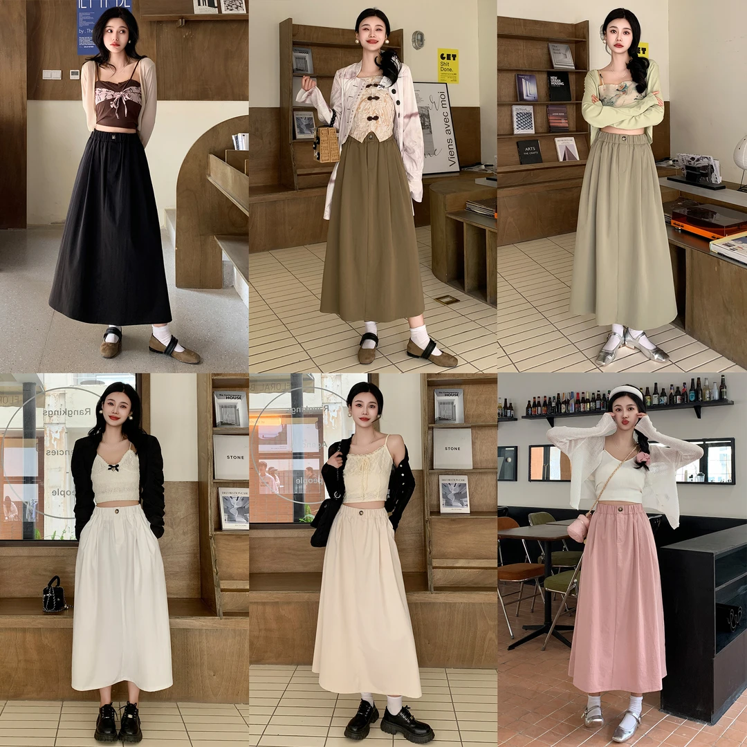 春季新款半身裙女中长款高腰百褶裙A字裙伞裙半身长裙66008