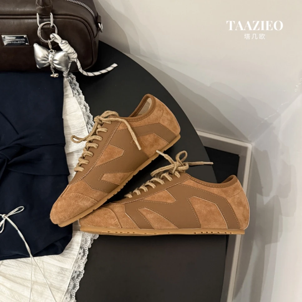 TAAZIEO复古百搭平底阿甘鞋女新款真皮美拉德运动休闲薄底德训鞋