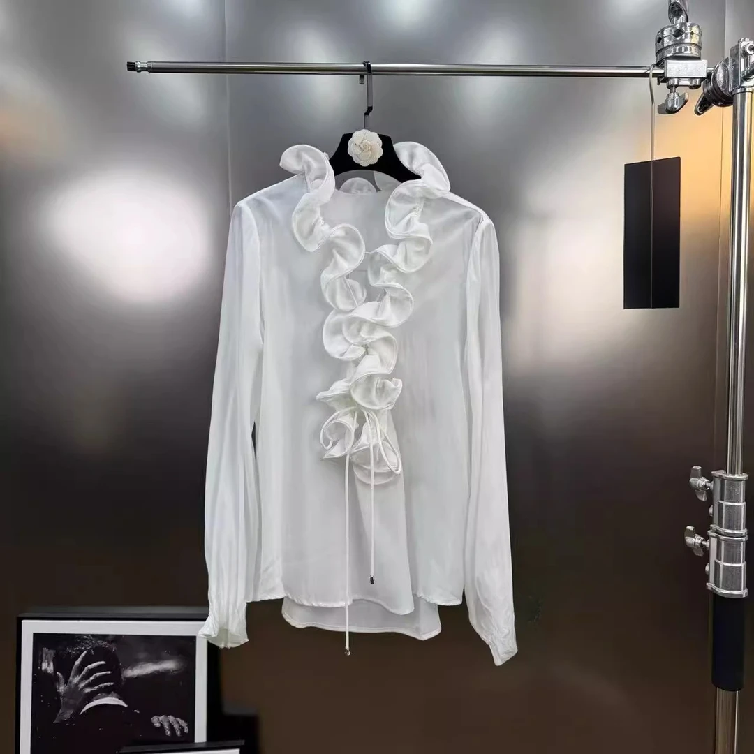 2025秋季新款法式气质百搭木耳荷叶边领口系带长袖衬衫女洋气上衣