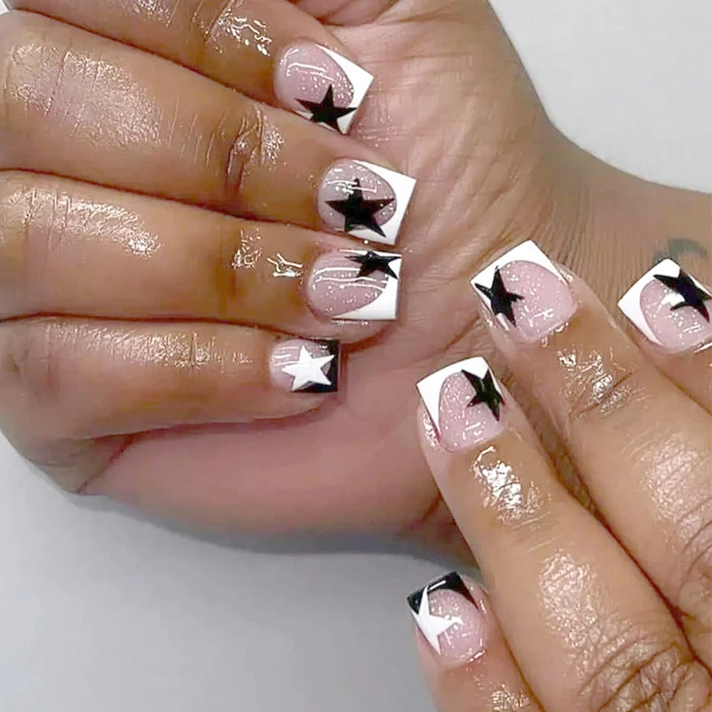 欧美闪粉黑星穿戴甲短款法式白边甜酷穿戴式美底胶法式闪粉短款