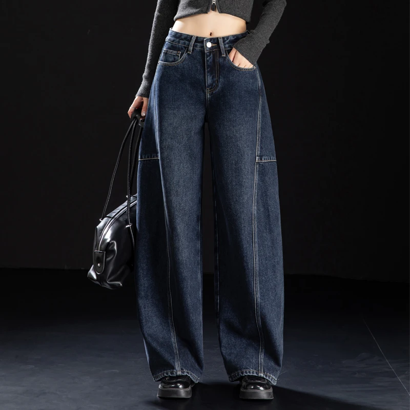 深蓝色加绒牛仔裤女款爆款2025新款秋冬裤子垂感宽松阔腿裤弯刀裤
