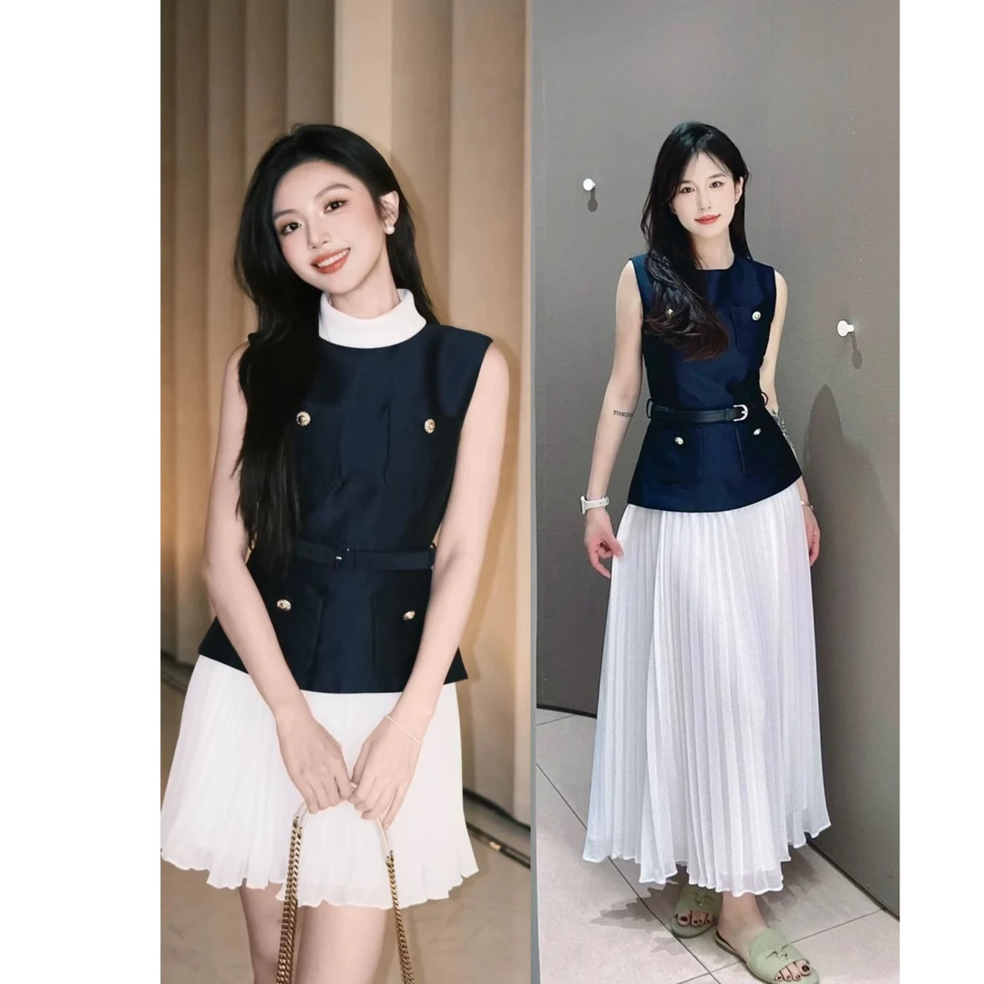 （珊珊家）原原单单富家千金法式小香风白色立领百褶雪纺拼接连衣裙