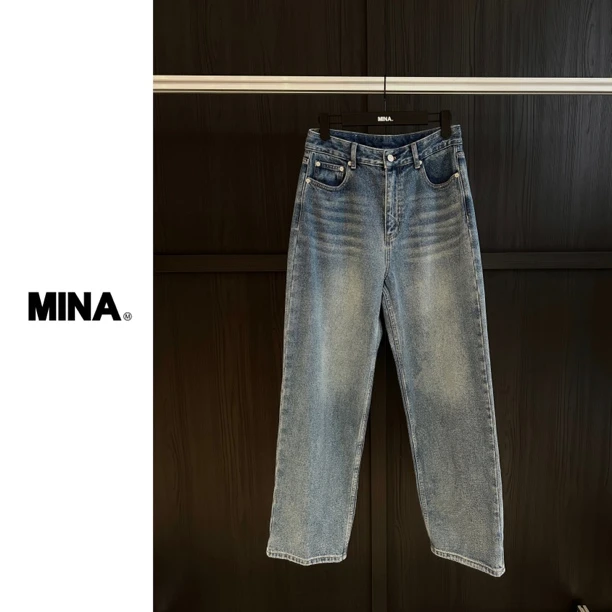 【MINA】秋冬百搭阔腿水洗蓝抓绒牛仔裤