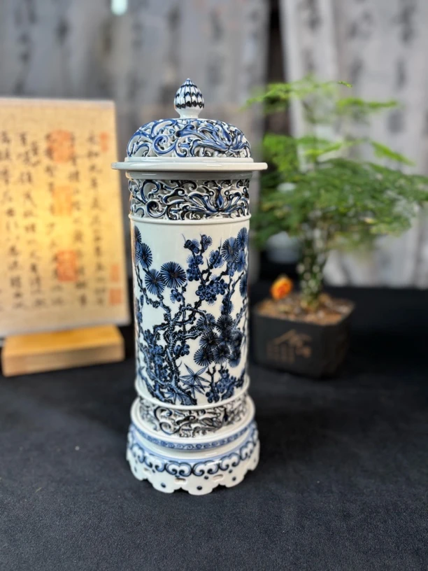 景德镇陶瓷香炉 全手工雕刻全手绘 三层松竹梅画片香炉