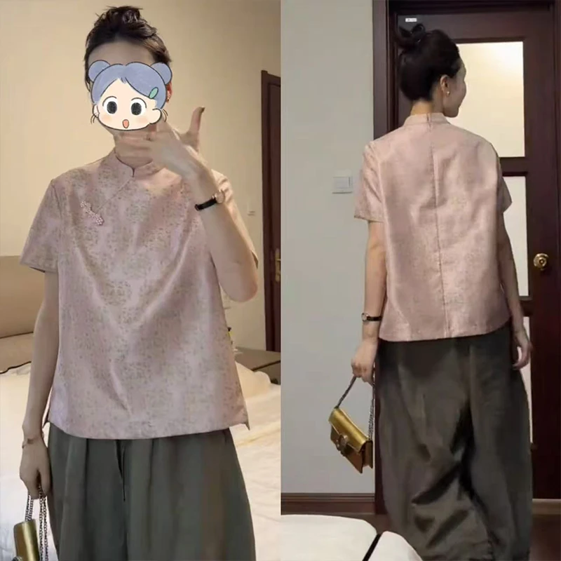 新中式国风套装女2025新款高级感气质盘扣印花上衣阔腿裤子两件套