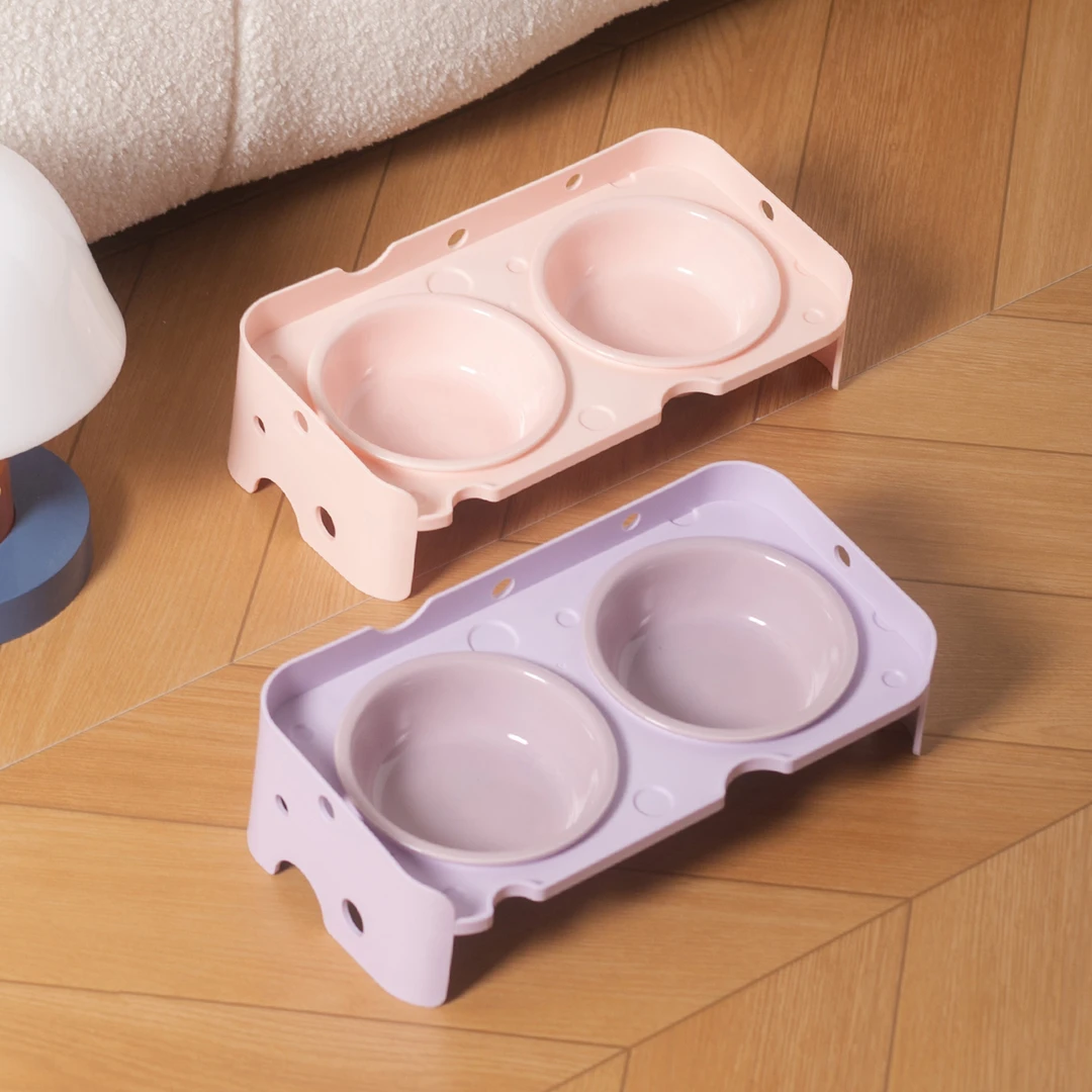 创意彩色防漏碗带奶酪双碗架防打翻猫碗狗碗陶瓷宠物碗猫咪饮水碗