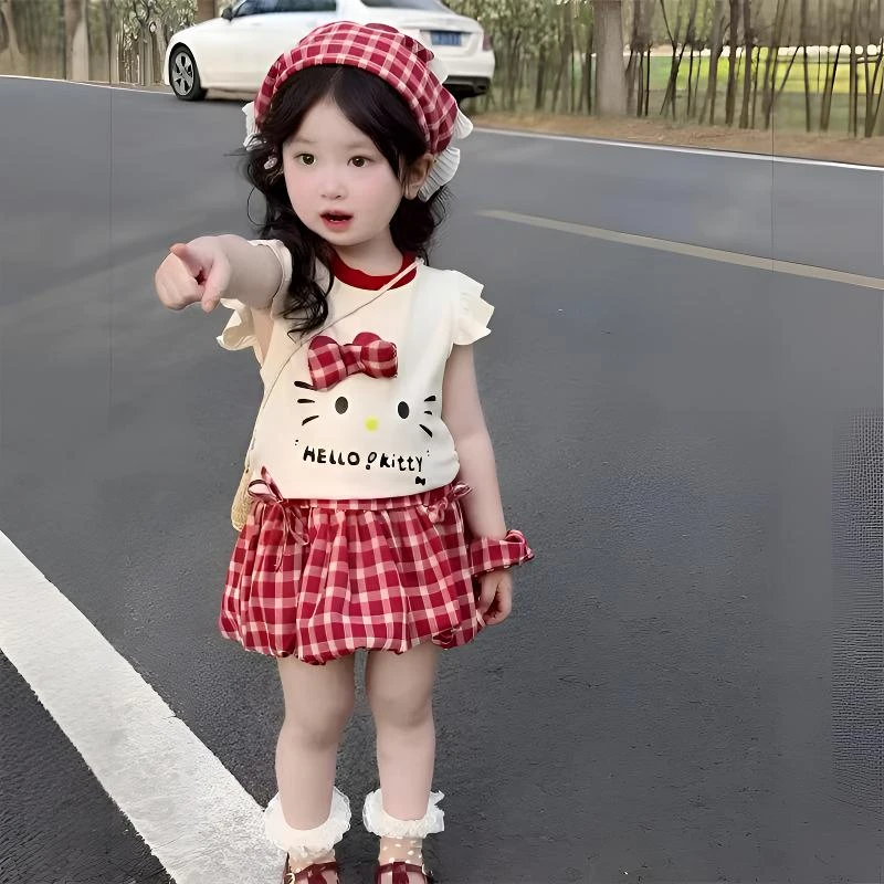 猫咪套装2025新款夏季女童小女孩百搭格子花苞裙儿童洋气套装
