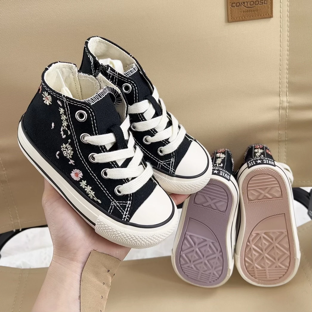 1号时代狂奔儿童女款鞋子小童春秋款时尚洋气刺绣碎花高帮帆布鞋
