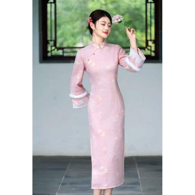 苏故里【粉蝶】新款冬季粉色时尚显瘦减龄气质改良旗袍新中式黄色