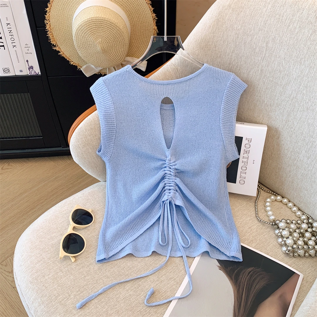 【工厂直销】甜辣抽绳镂空小飞袖针织衫女新款不规则百搭圆领上衣潮