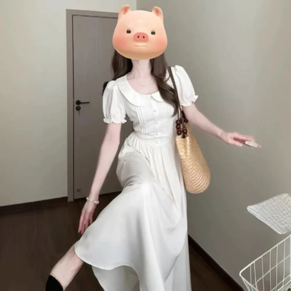 法式轻奢温柔系娃娃领泡泡袖连衣裙女夏季新款气质收腰显瘦长裙