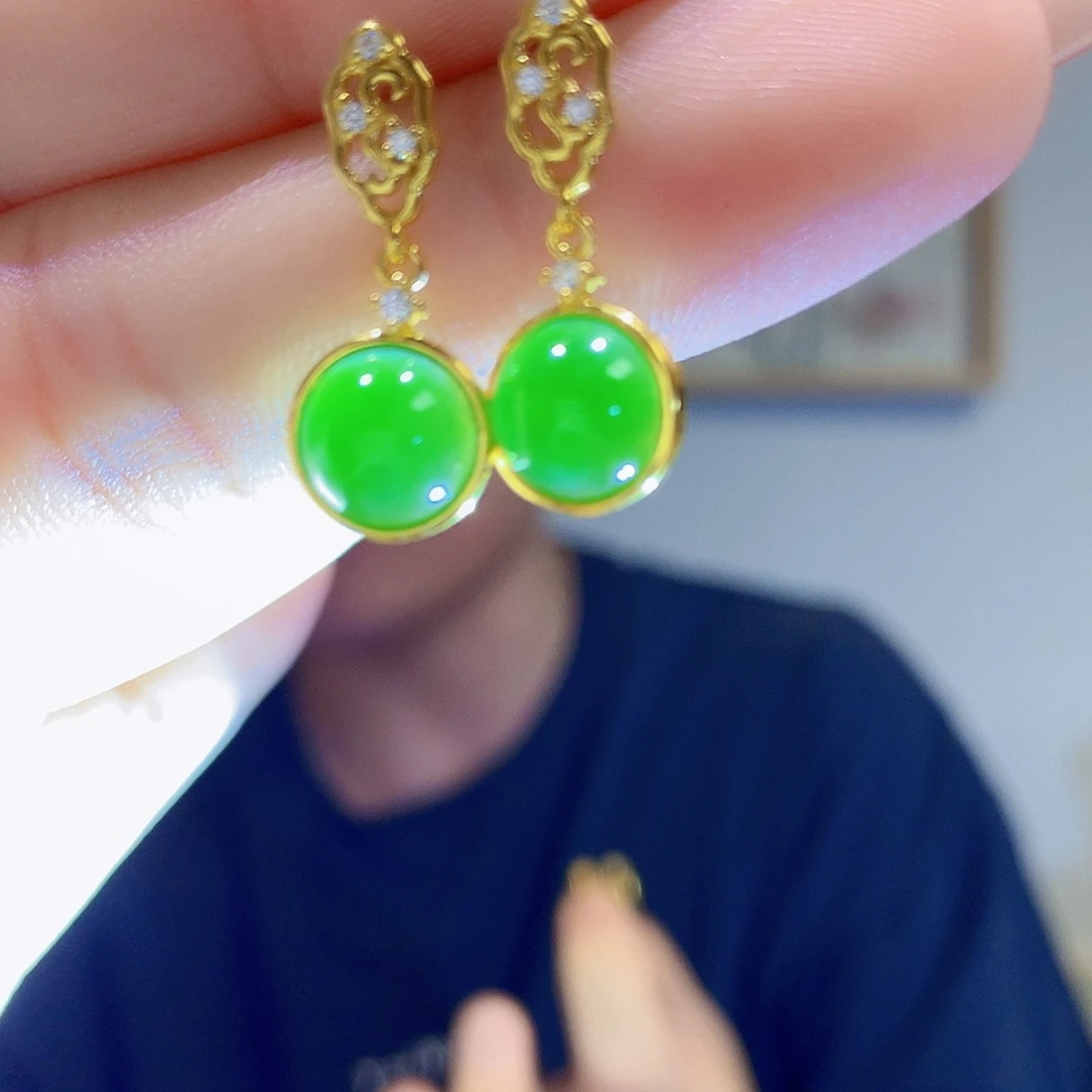 和田玉（碧玉）银S925镀金镶嵌耳饰