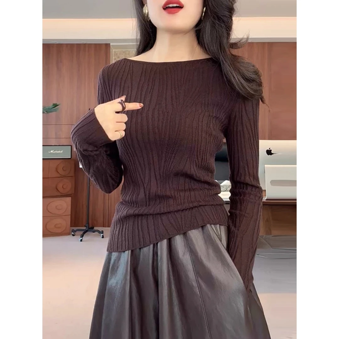 水波纹咖色长袖针织打底衫女秋冬内搭大码微胖MM气质修身显瘦上衣