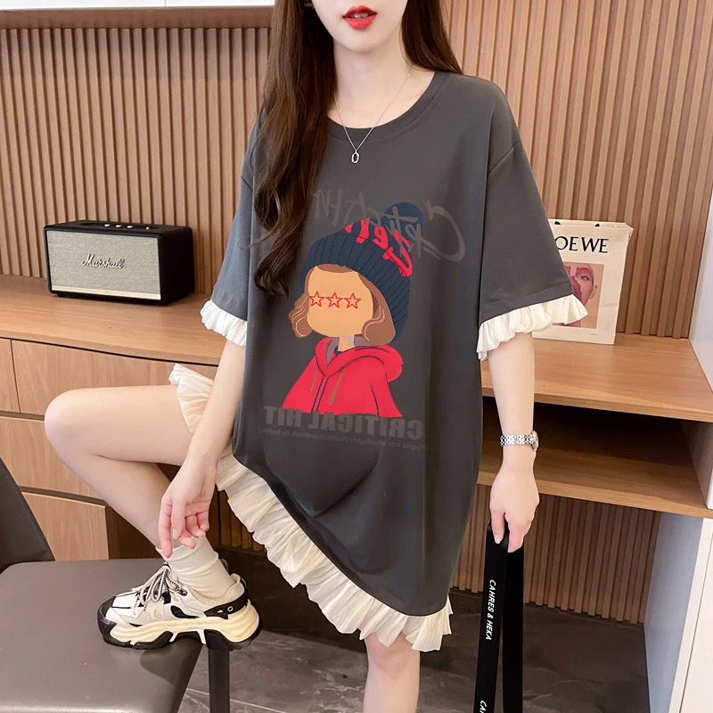 宽松慵懒风T恤裙女夏季新款时尚大码小众设计感短袖纯棉连衣裙子