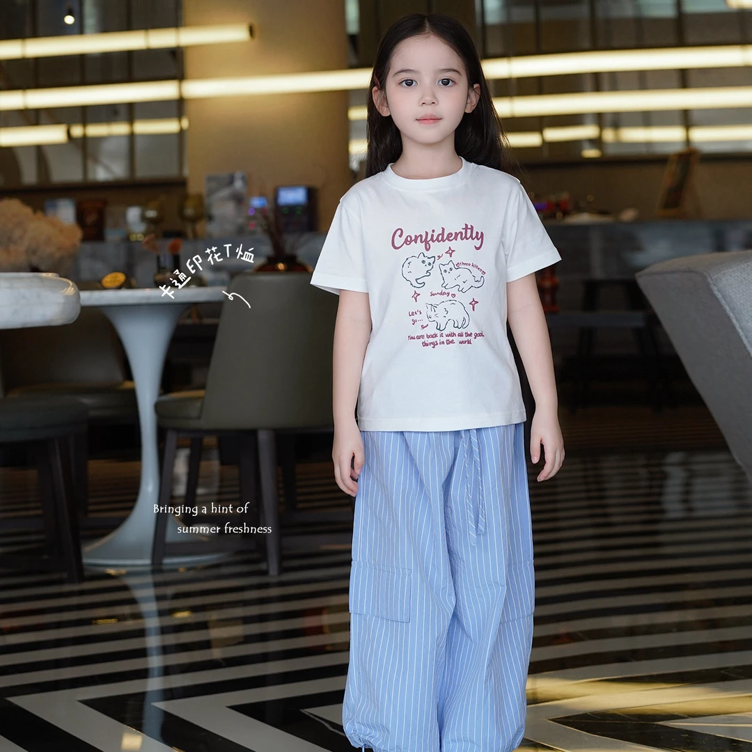 AnnieGirl优质棉卡通印花T恤套装女夏季短袖夏季新款格子裤套装