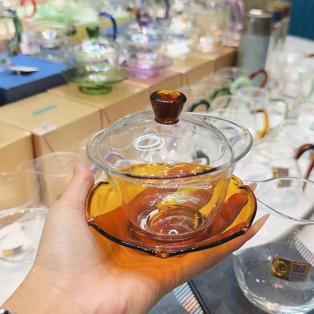 梓***摘禾器琥珀色荷叶盖碗