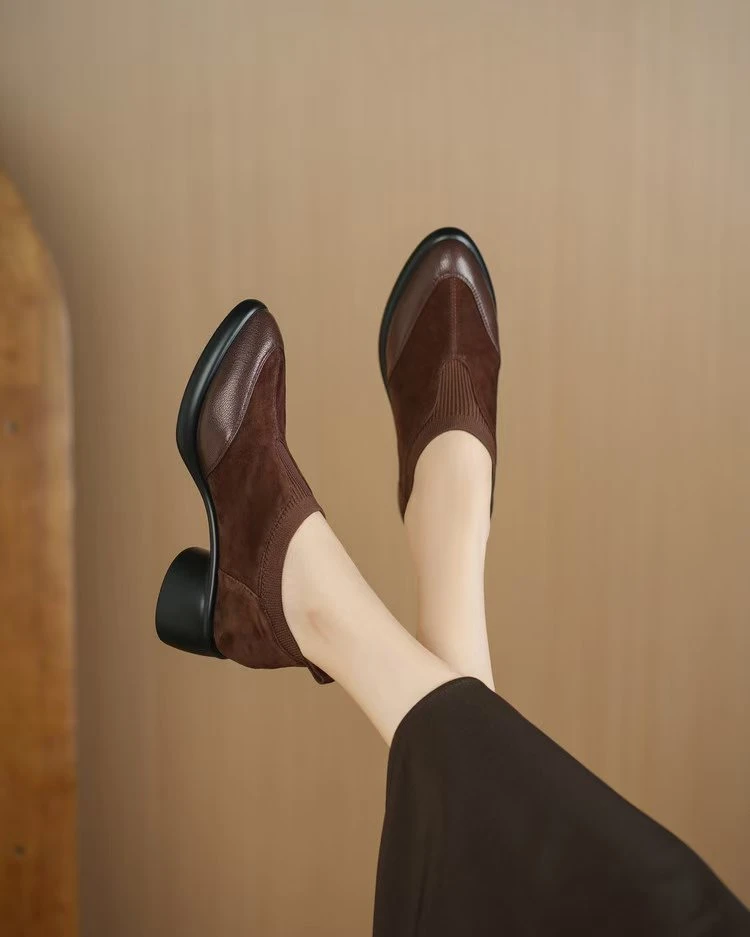 真皮尖头深口法式拼接中跟纯色单鞋秋冬软底乐福鞋秋季粗跟女鞋