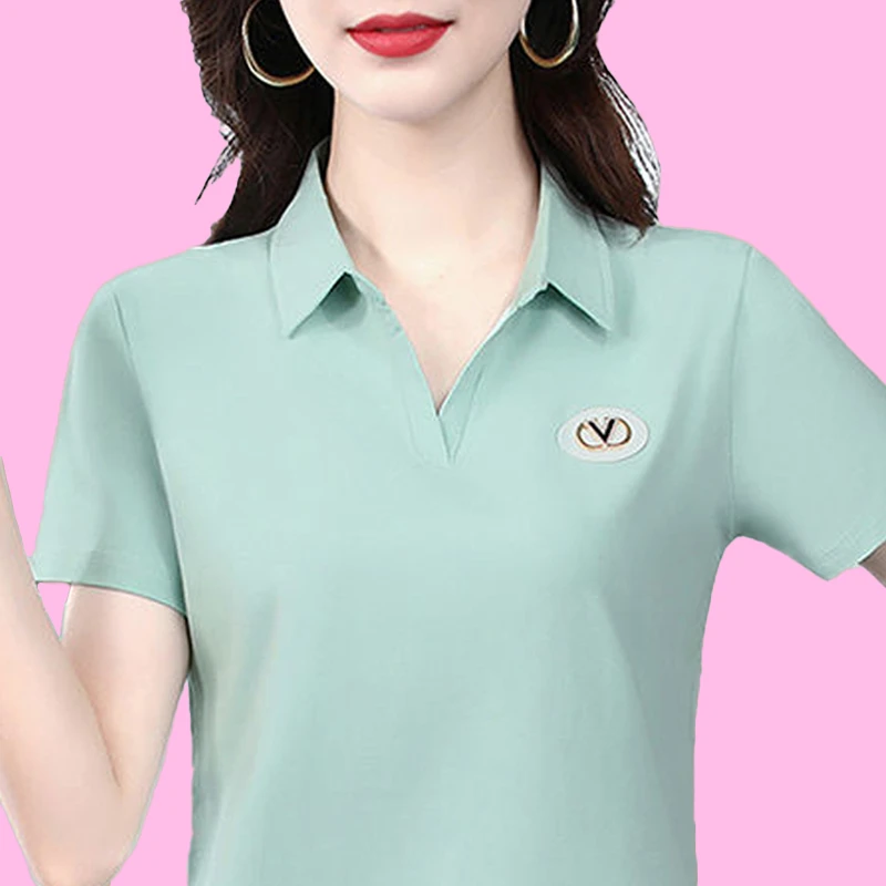 A9绿色翻领POLO领短袖t恤女夏季休闲洋气减龄显瘦百搭宽松上衣女