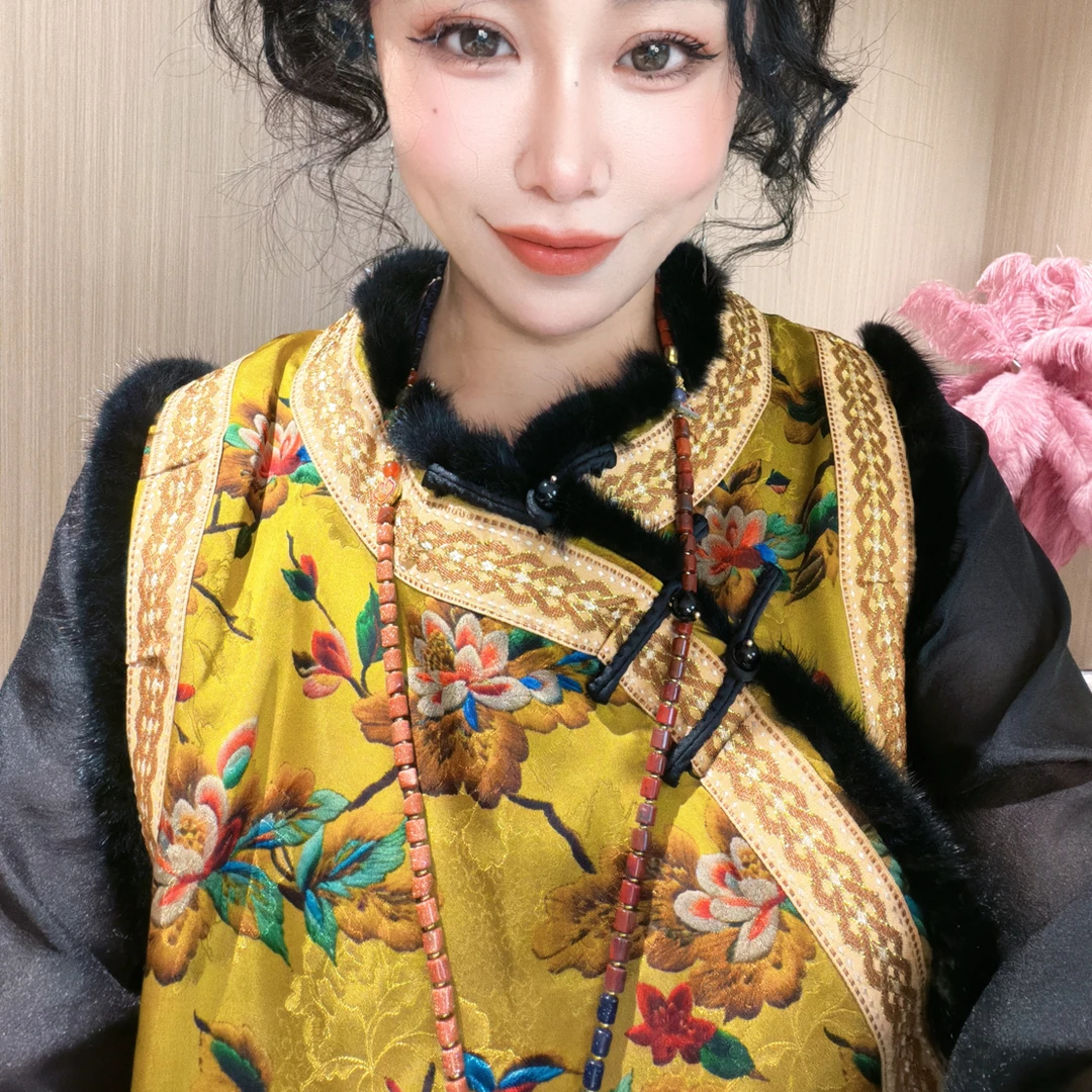 5699-1#《富贵花貂毛》国风新中式日常提花棉衣无袖外衣时尚