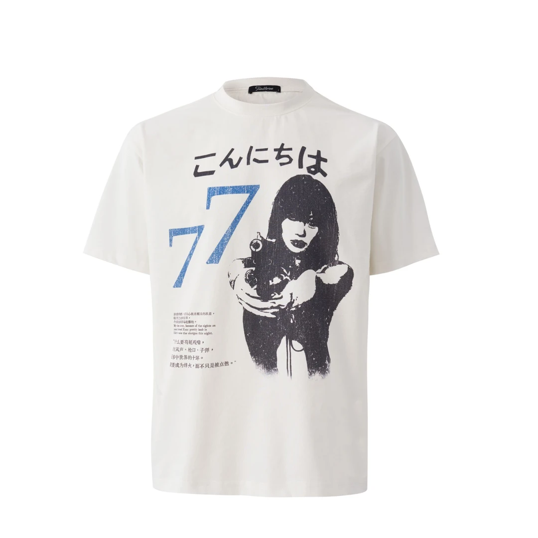 TumBlerine “77枪女”宽松 boxy 人物恶搞印花T恤小领口短袖
