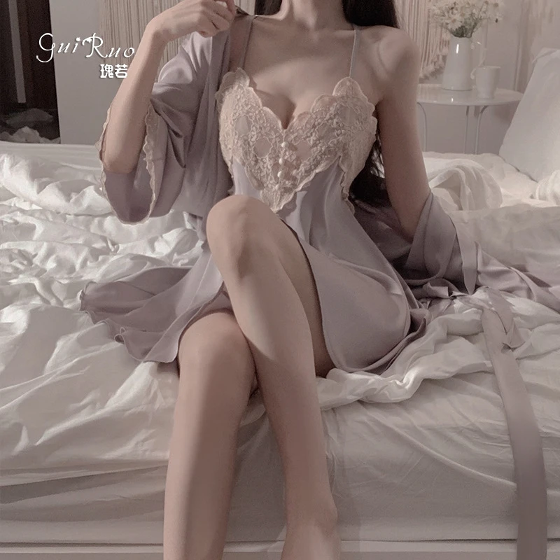 沄悸纯色蕾丝刺绣睡衣性感露背吊带睡裙系带外袍女家居服套装1854
