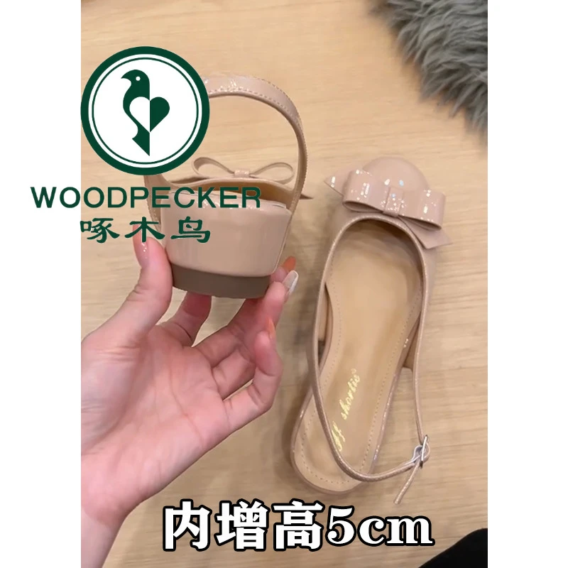 啄木鸟法式裸色甜美圆头蝴蝶结包头鞋女气质通勤显瘦后空时装凉鞋