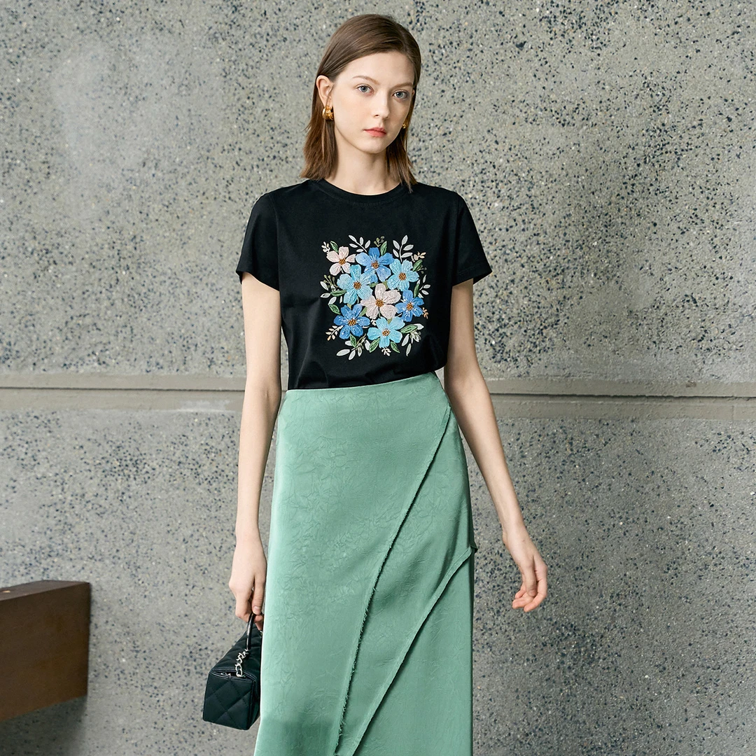 颜域复古印花短袖T恤女2025早春修身显瘦圆领通勤上衣