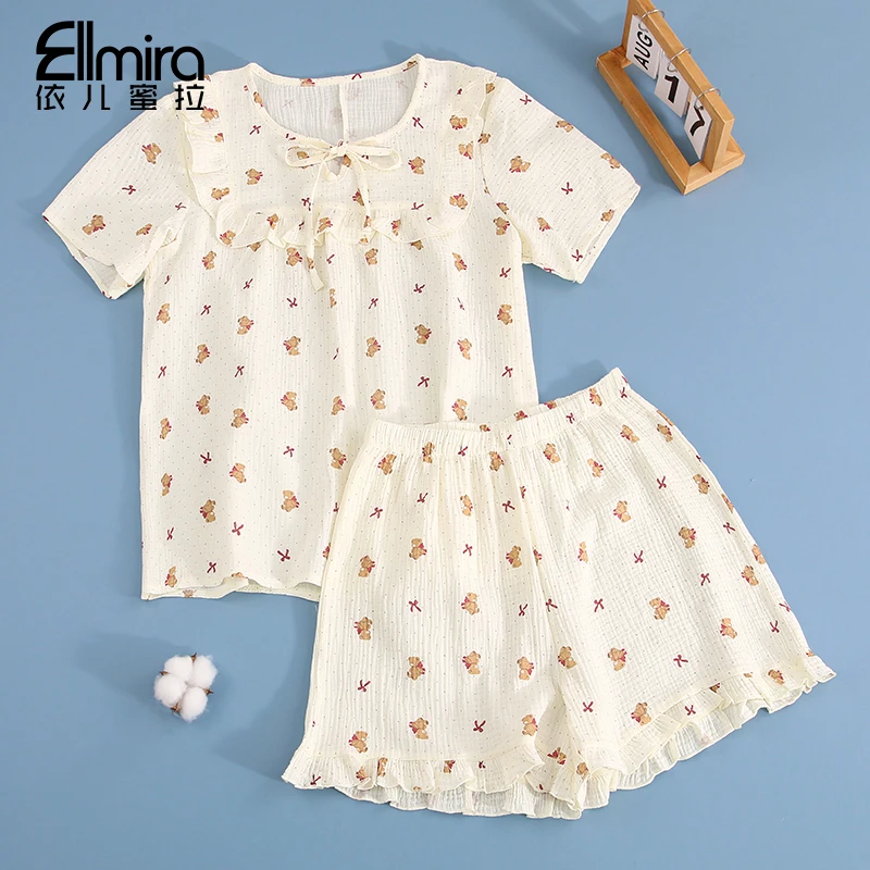 9331睡衣棉纱短袖短裤家居服套装两件套宽松空调服洋气夏季薄款