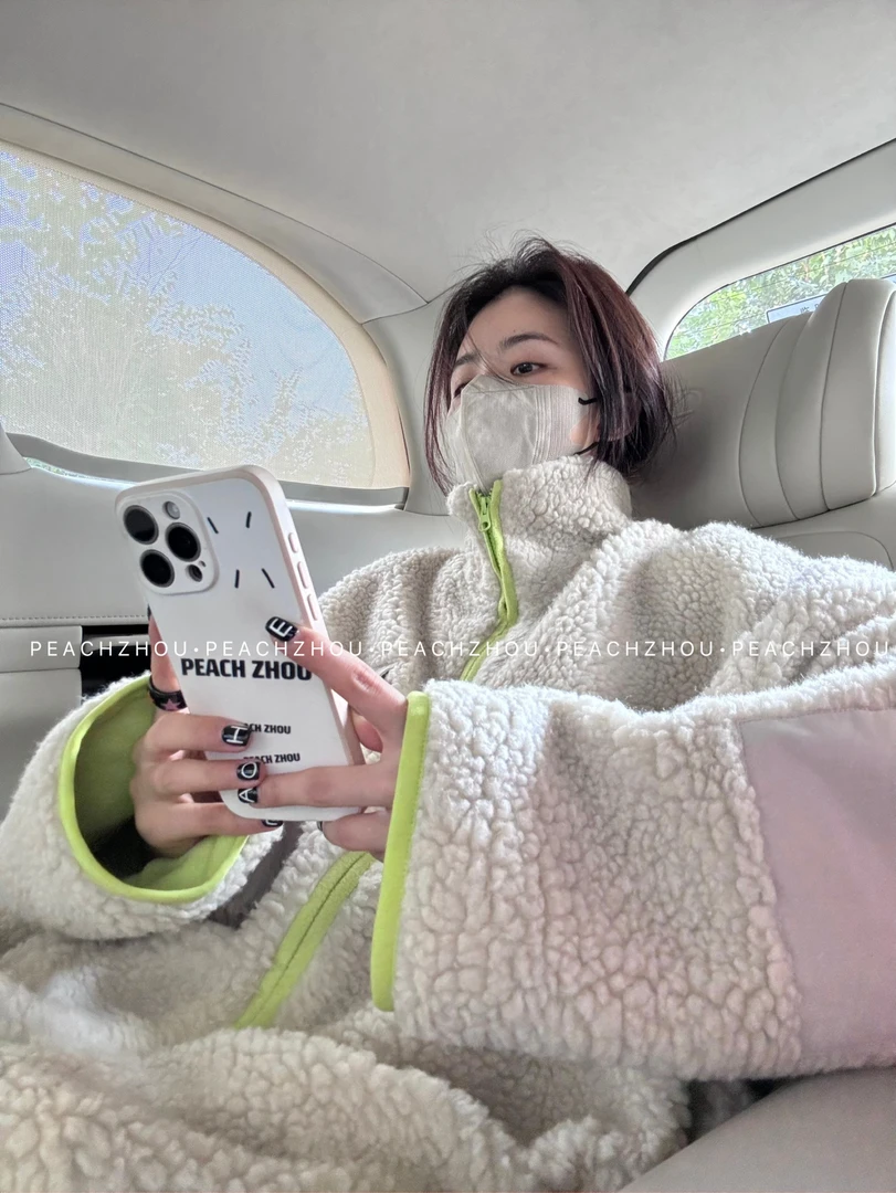 『PEACHZHOU』双面摇粒绒撞色补丁口袋宽松休闲立领百搭中性外套