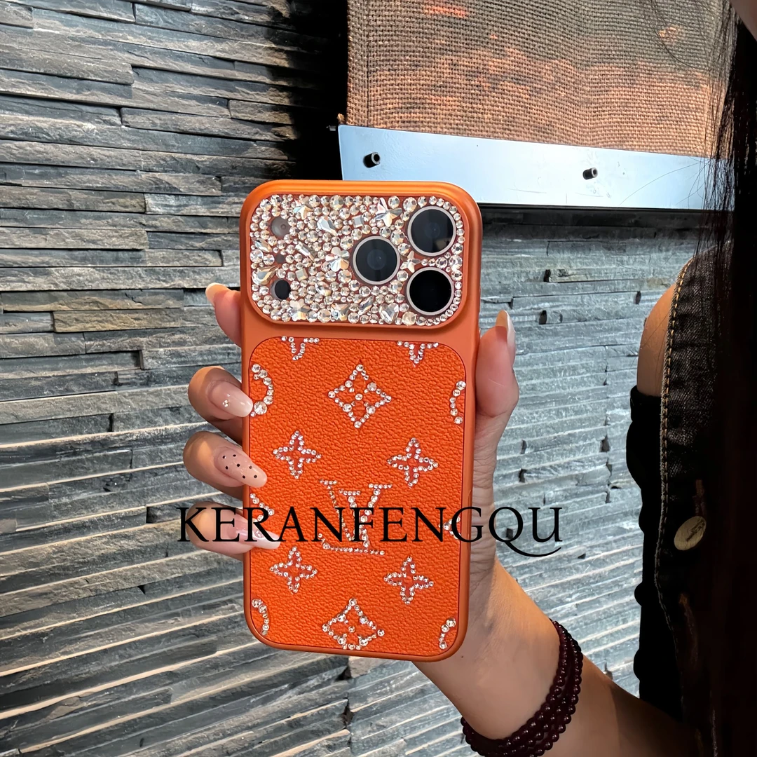 老花橙色皮质点钻秒变适用于苹果17promax潮牌16pius全包手机壳