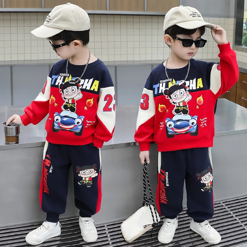 2025男童哪吒汽车套装春天新款棉质套装宝宝时尚帅气两件套